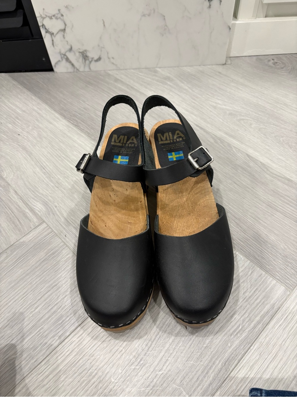 MIA Black Leather Slingback Clogs with Wood Footbed